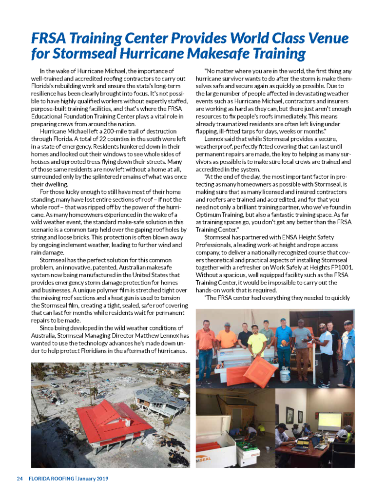 As seen in FRSA Florida Roofing Magazine | Stormseal Installer Accreditation Training